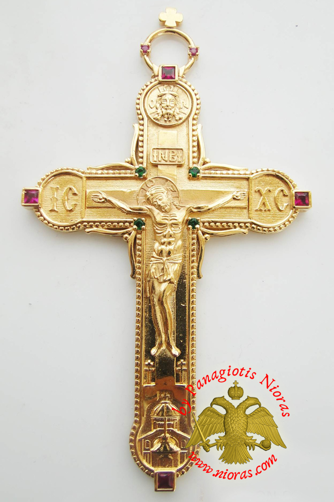 Orthodox Christ Pectoral Cross Brass Gold Plated with Semi Precious Stones 8x14cm - 334