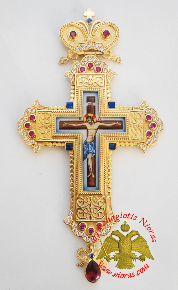 Orthodox Christ Pectoral Cross Brass Gold Plated with Semi Precious Stones 8x16cm - 356
