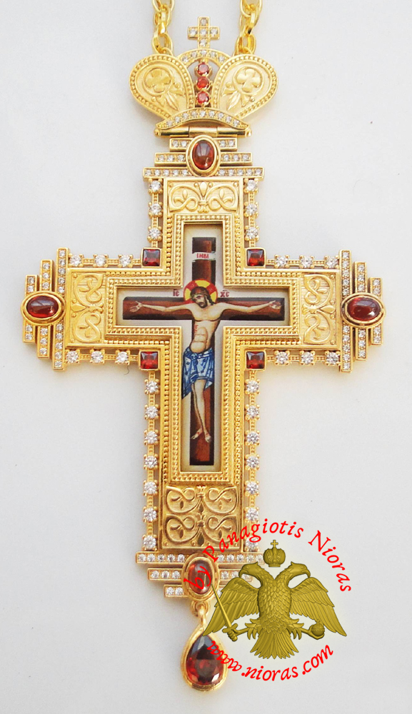 Orthodox Christ Pectoral Cross Brass Gold Plated with Semi Precious Stones 8x16cm - 357
