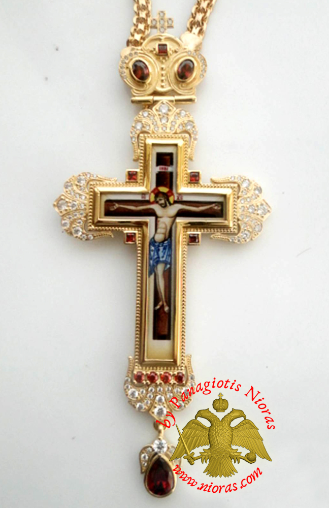 Orthodox Christ Pectoral Cross Brass Gold Plated with Semi Precious Stones 8x16cm - 432