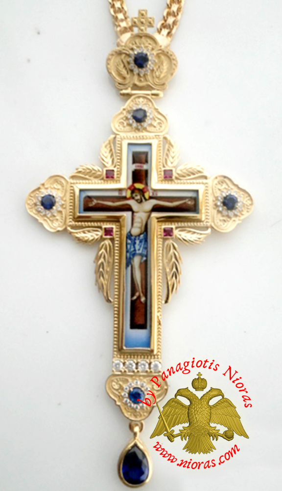 Orthodox Christ Pectoral Cross Brass Gold Plated with Semi Precious Stones 8x16cm - 433