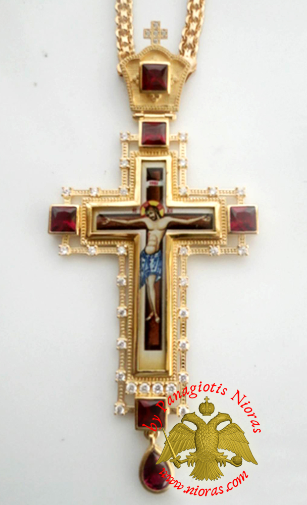 Orthodox Christ Pectoral Cross Brass Gold Plated with Semi Precious Stones 8x16cm - 434