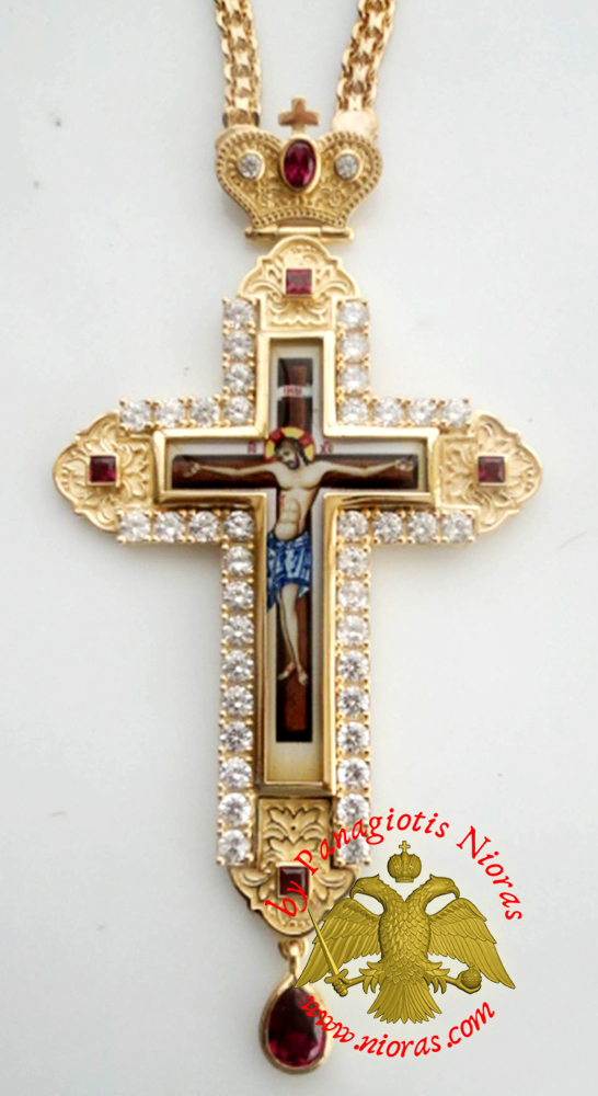 Orthodox Christ Pectoral Cross Brass Gold Plated with Semi Precious Stones 6,5x14cm - 435