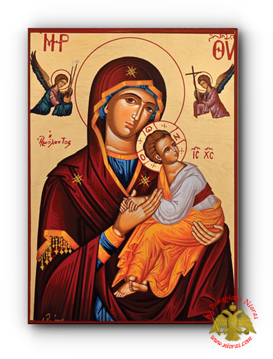 Holy Virgin Mary Panagia Amolyntos Red Clothing Byzantine Wooden Icon on Canvas