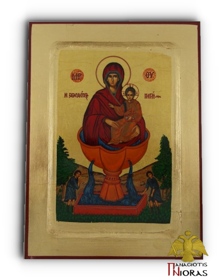 Holy Virgin Mary Life Giving Spring Byzantine Wooden Icon on Canvas