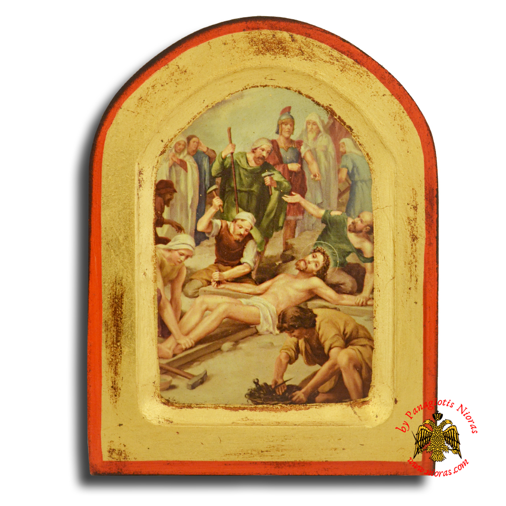 Icon of Station 11 Christ Is Nailed to the Cross with Round Top