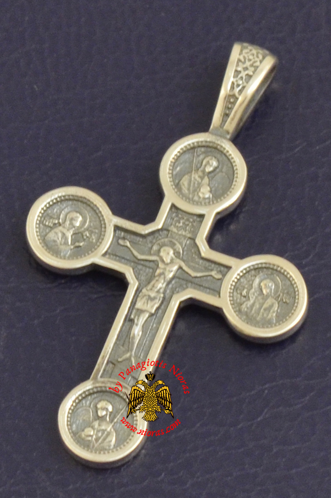 Russian Orthodox Cross Silver 925 Christ, Theotokos and Saints for the Neck