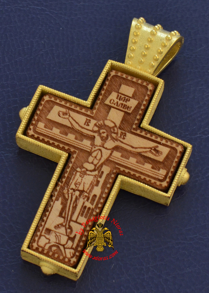 Byzantine Orthodox Cross Silver 925 Wooden Crucifixion Design Gold Plated Details for the Neck