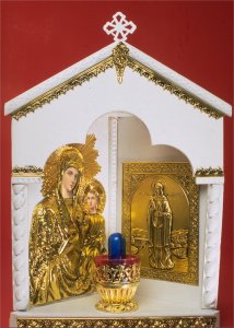 Traditional Orthodox Wooden Iconostasis with Electric Lamp Corner White Coloured Brass Decor 21x32cm