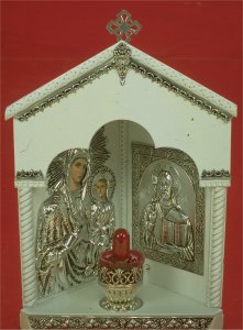 Traditional Orthodox Wooden Iconostasis with Electric Lamp Corner White Coloured Silver Plated 21x32cm