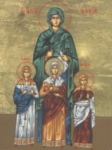 Sophia and her Daughters Byzantine Wooden Icon on Canvas