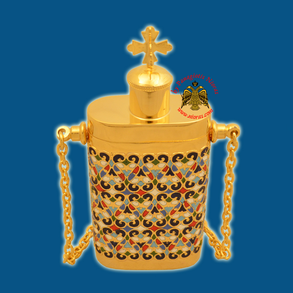 Anointing Holy Oil Bottle With Orthodox Cross Motive Enamel Gold plated