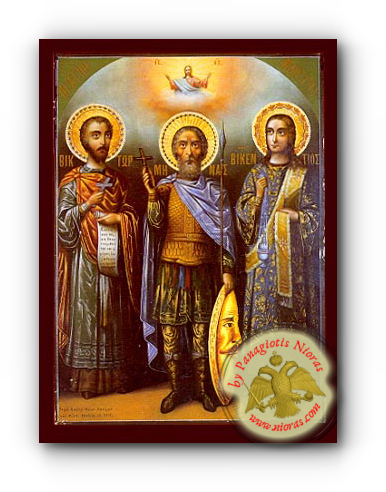 Saints Victor at Damascus, Menas of Egypt and Vincent of Spain Neoclassical Wooden Icon
