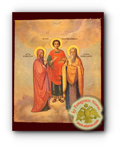Saints Panteleimon, Hermolaus His Instructor and Eubula His Mother Neoclassical Wooden Icon