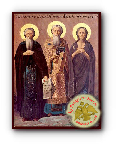 Άγιοι Ιωάννης Κλίμακος, Γρηγόριος Παλαμάς, Μαρία Αιγυπτία Νεοκλασσική Ξύλινη Εικόνα