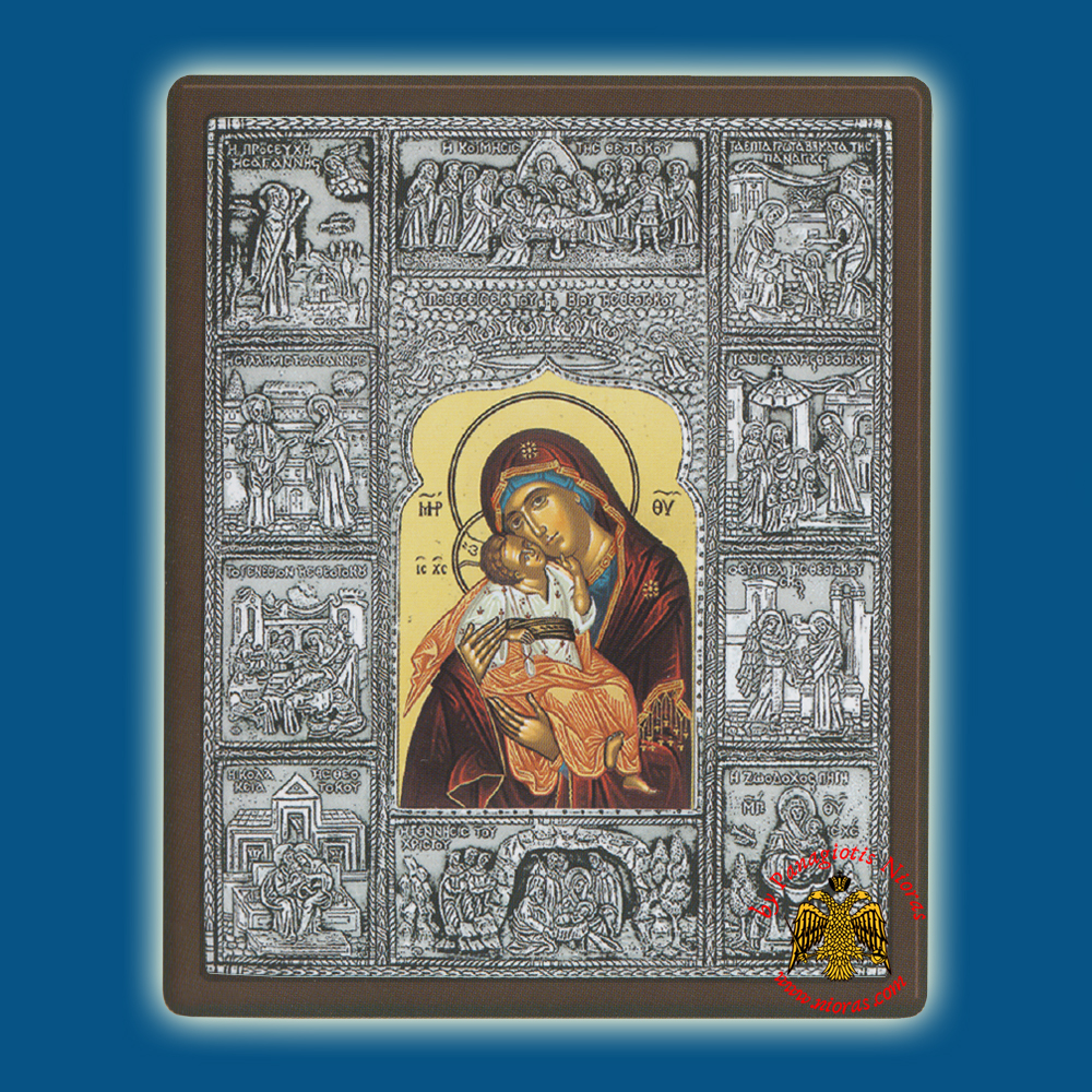 Holy Virgin Mary Theotokos Panagia Glykofilousa and Bios Silver Holy Icon