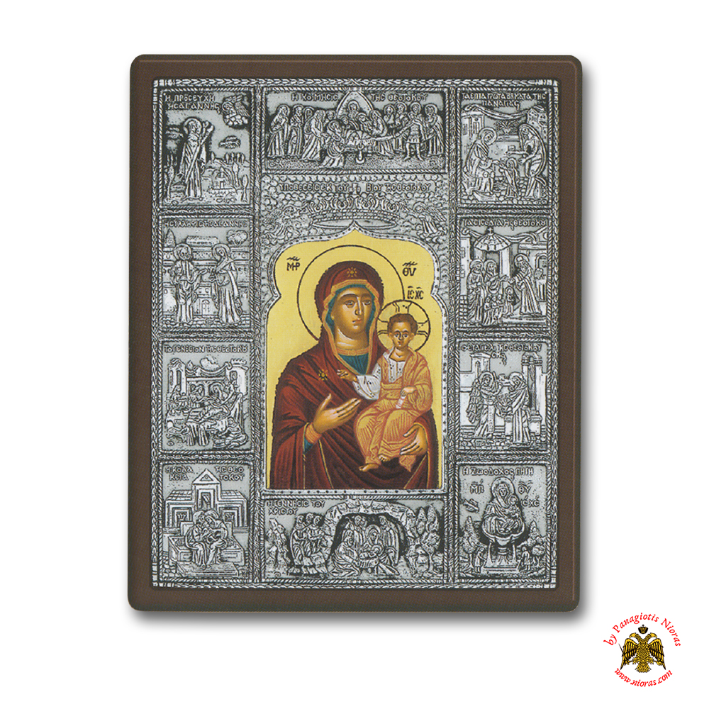 Holy Virgin Mary Theotokos Panagia Hodegetria and Bios Silver Holy Icon