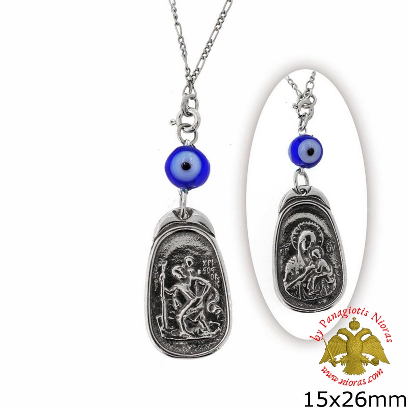 Orthodox Silver Icon Car Amulet Theotokos with Saint Christopher Double Sided 15x26mm