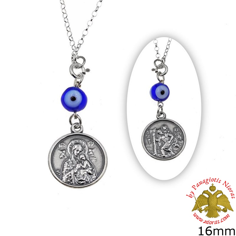 Orthodox Silver Icon Car Amulet Theotokos with Saint Christopher Double Sided 16mm