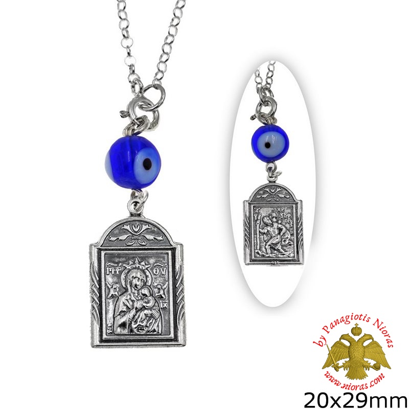 Orthodox Silver Icon Car Amulet Theotokos with Saint Christopher Double Sided 20x29mm