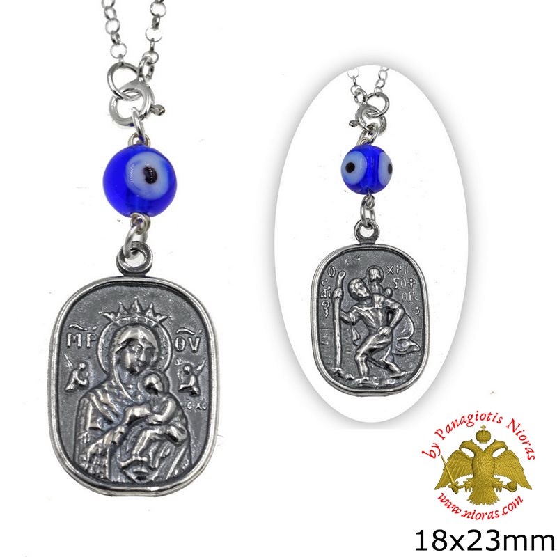Orthodox Silver Icon Car Amulet Theotokos with Saint Christopher Double Sided 18x23mm