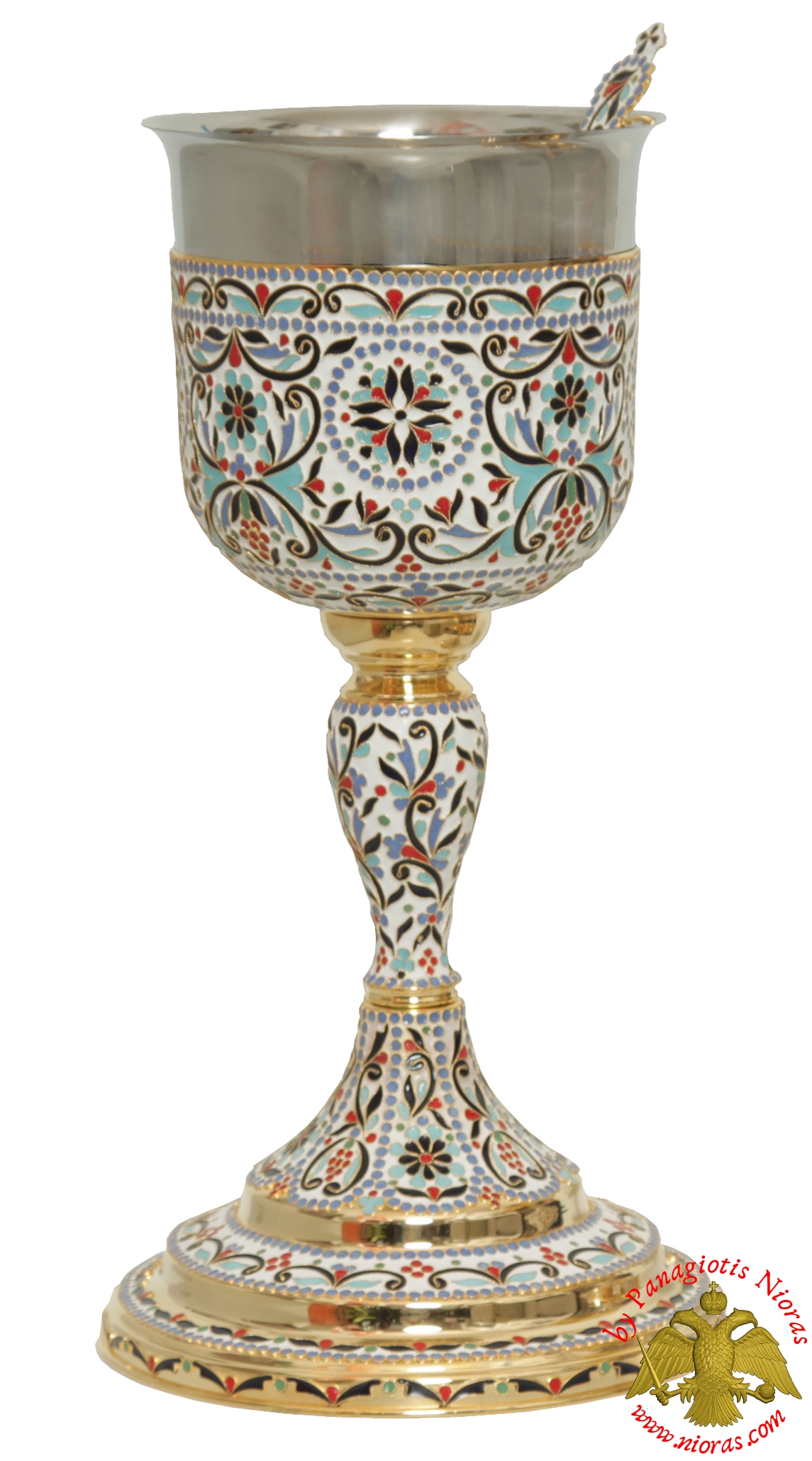 Orthodox Holy Communion Chalice Set Agioritiko Style Enamel 2.5lt Silver Cup