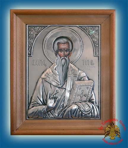 Μεταλλική εικόνα του Αγίου Τίτου σε ξύλινη κορνίζα και τζάμι 19x23 εκ.