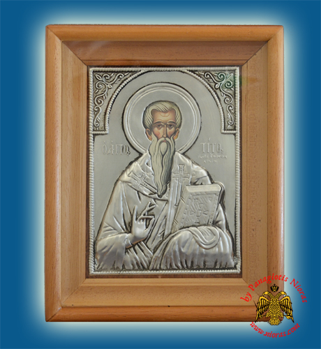 Μεταλλική εικόνα του Αγίου Τίτου σε ξύλινη κορνίζα και τζάμι 15x19 εκ