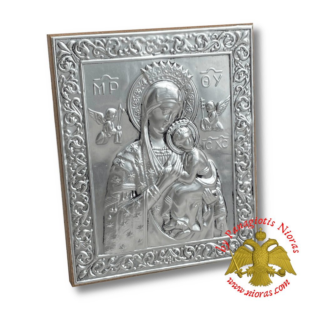 Theotokos Panagia Byzantine Aluminum Icon Nickel color 10.5x12.5cm
