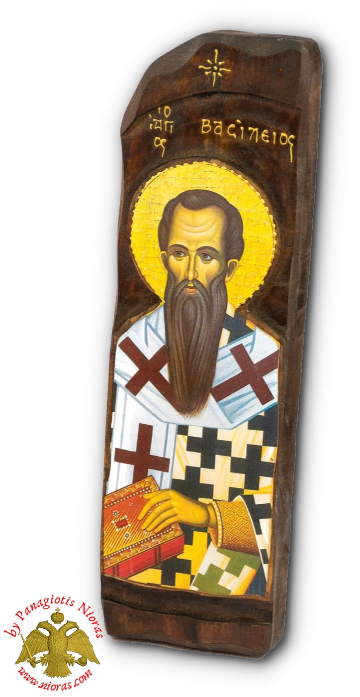 Antique Style Saint Vasilios (Saint Basil) Icon in Rectangular Shape on Natural Wood