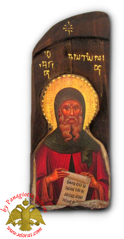 Antique Holy Saint Antonios Icon in Carved Shape Natural Wood