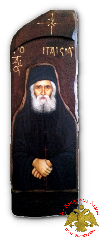 Antique Holy Saint Paisios Icon in Carved Shape Natural Wood