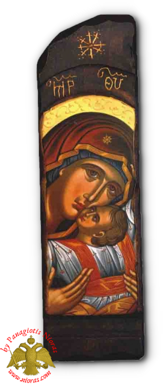 Antique Holy Theotokos Kardiotissa Icon in Carved Shape Natural Wood