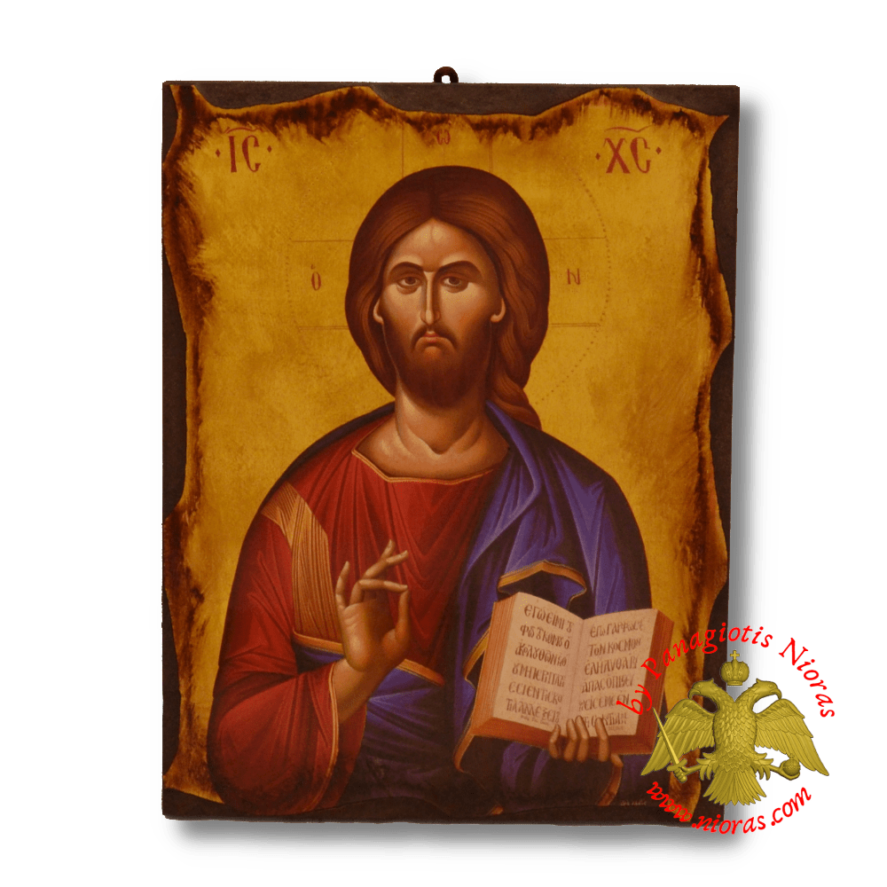 Byzantine Wooden Icon Antique Style Blessing Christ