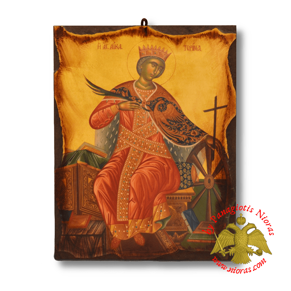Byzantine Wooden Icon Antique Saint Aikaterina
