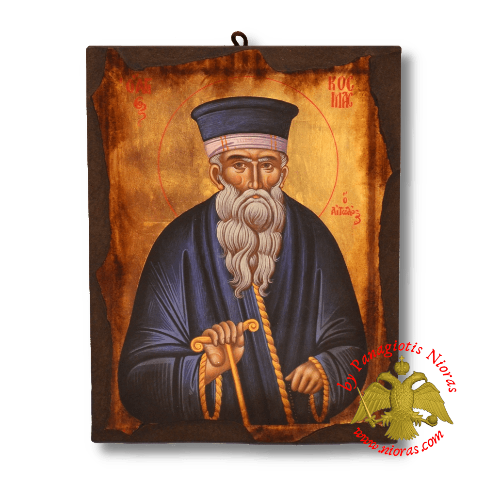 Byzantine Wooden Icon Antique Saint Cosmas Aitolian