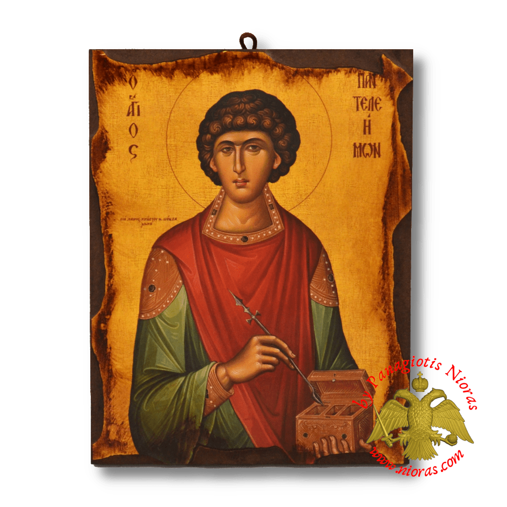 Byzantine Wooden Icon Antique Style Saint Panteleimon