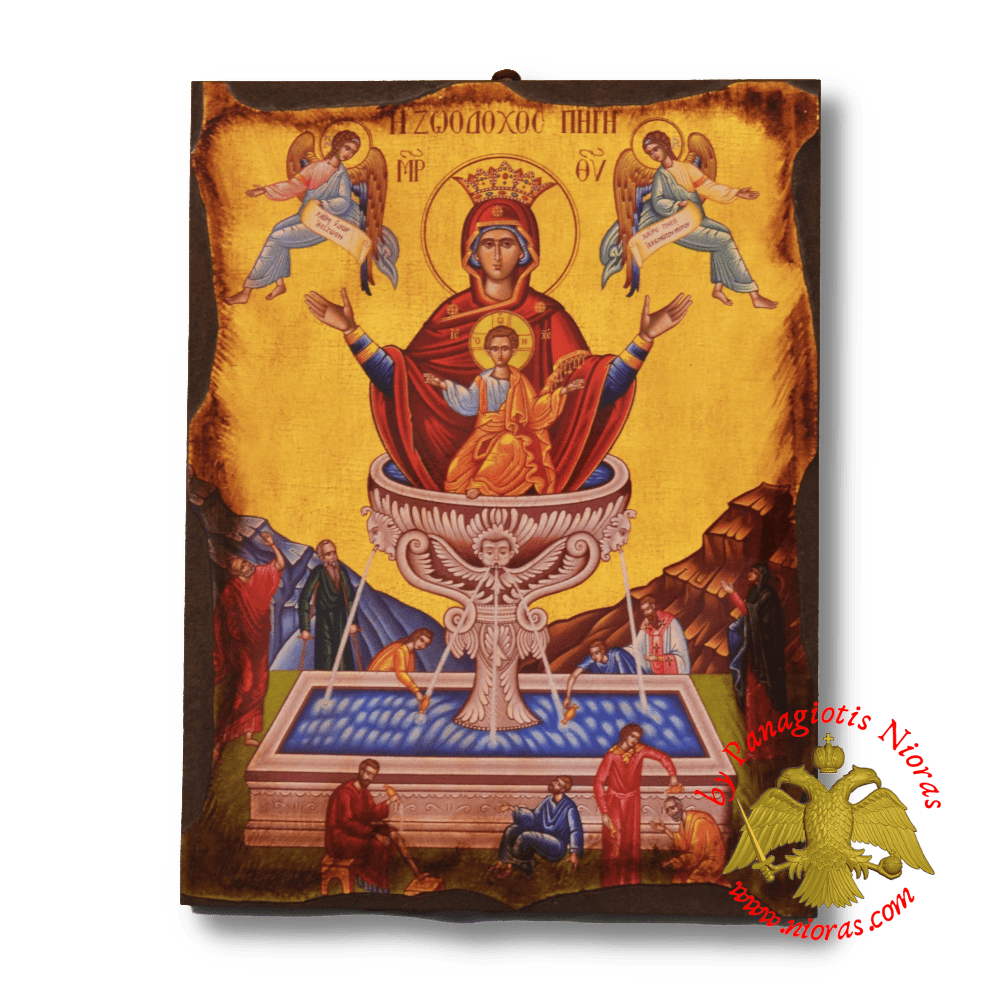 Byzantine Wooden Icon Antique Style Saint Theotokos Life Giving Spring