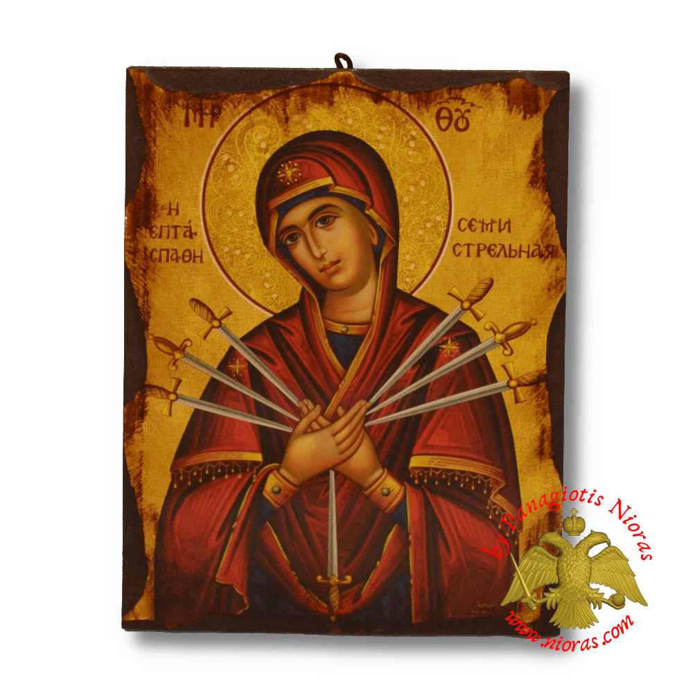 Byzantine Wooden Icon Antique Style Saint Theotokos Sevsen Swords