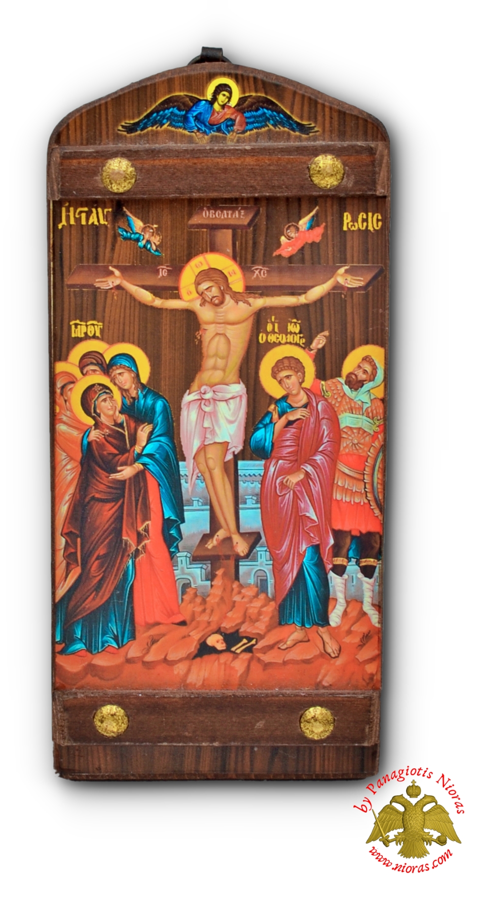 Byzantine Wooden Icon Crucifixion of Jesus With Angel in the TopCenter