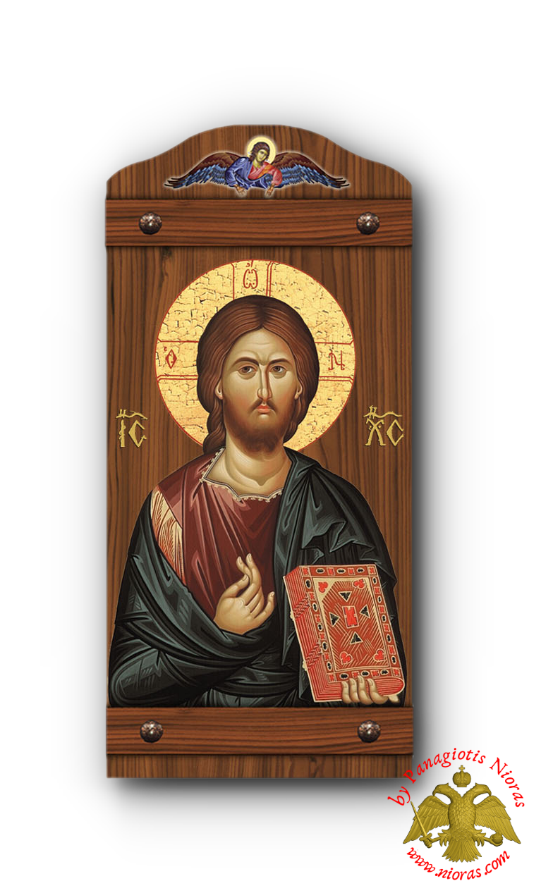 Byzantine Wooden Icon of Christ With Angel in the TopCenter