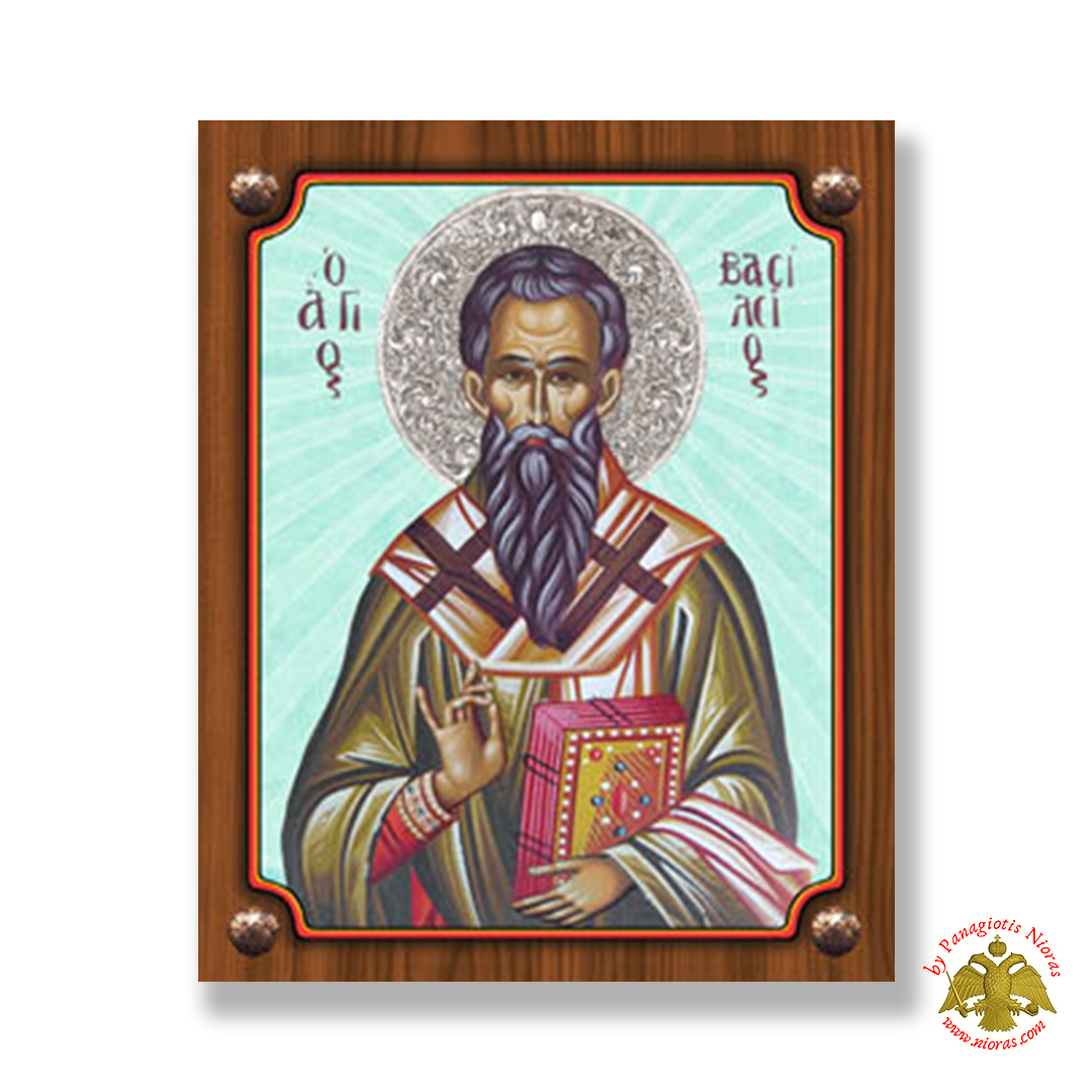 Wooden Orthodox Icon of Saint Basileios with Blue BackGround