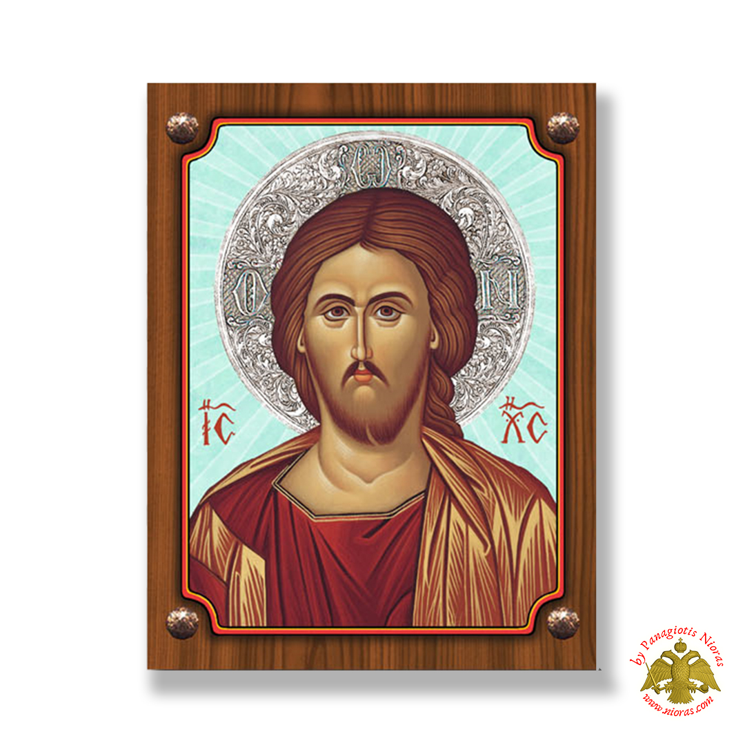 Wooden Orthodox Icon of Christ with Blue BackGround