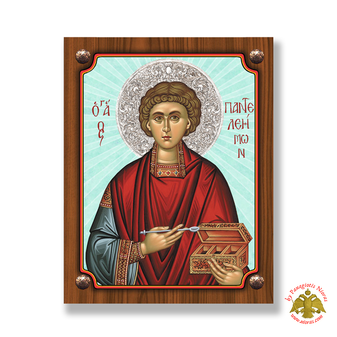 Wooden Orthodox Icon Saint Panteleimon with Blue BackGround