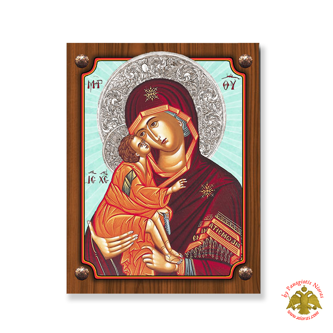 Wooden Orthodox Icon Holy Virgin Marry Sweet Kissing with Blue BackGround