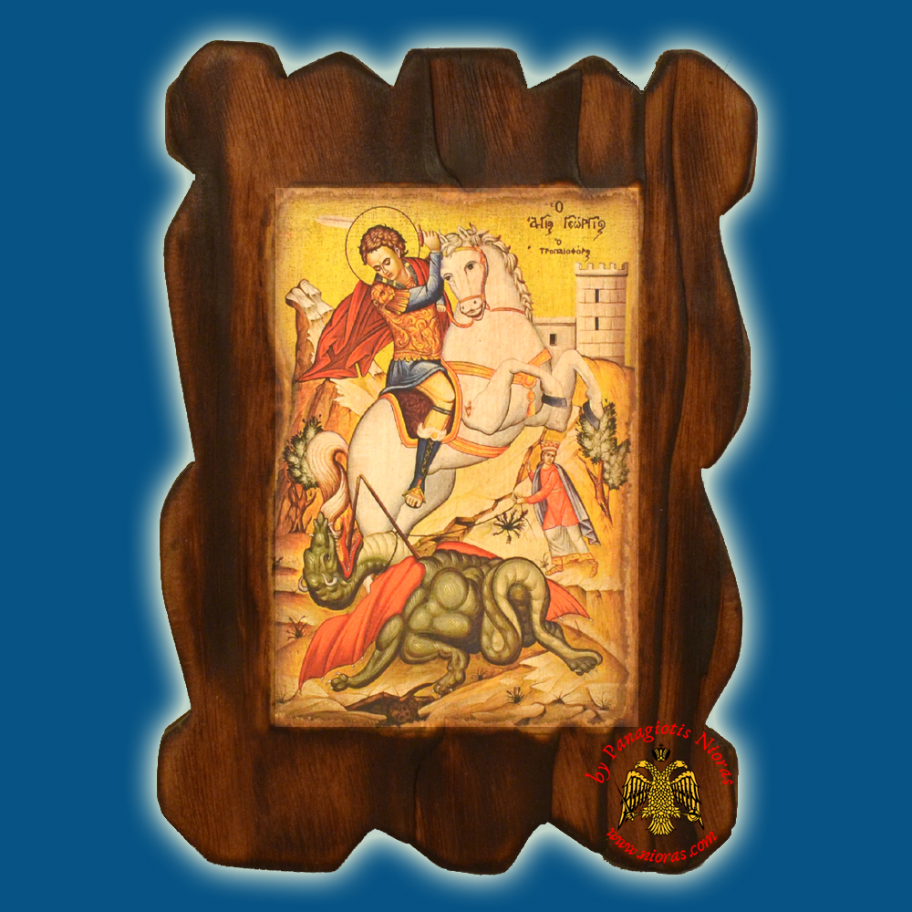 Orthodox Wooden Icon of Saint George on Natural Wood With Burned Carved Details