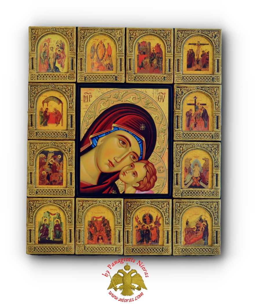 Antique Style Icon Theotokos Dodekaorton 25x30cm