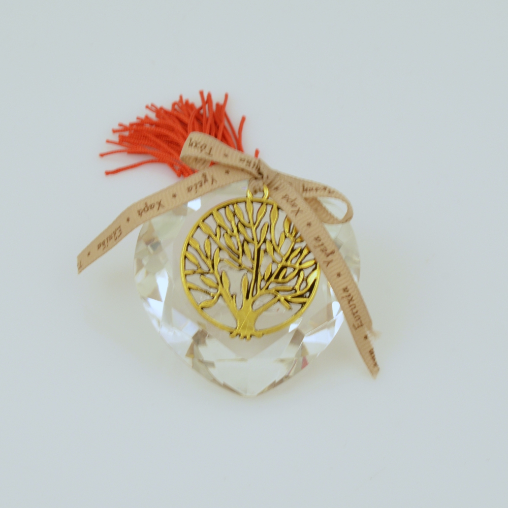 Lucky Charm Clear Crystal Heart with Brass Tree and Wish Ribbon