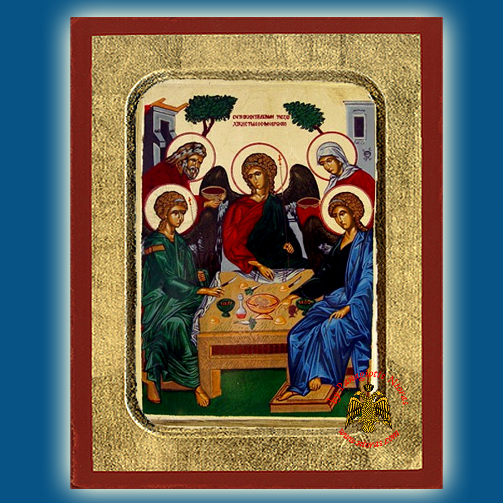 Hospitality of Abraham Byzantine Wooden Icon on Canvas