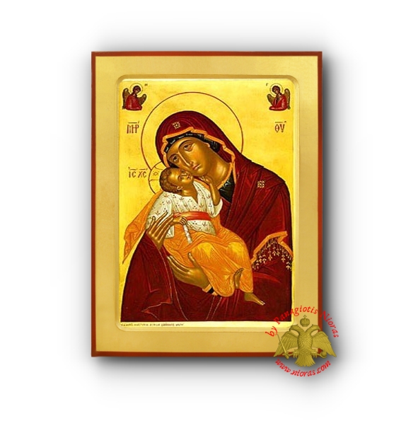 Holy Theotokos Sweet Kissing with Angels Byzantine Wooden Icon by Christos Liondas